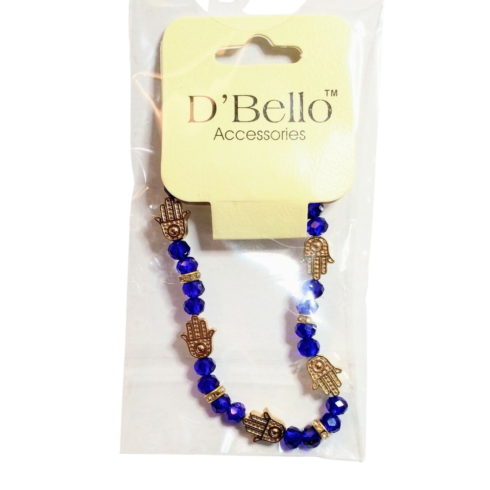 D'Bello Accessories Hand of Fatima Hamsa Charm Bead Bracelet Blue Gold